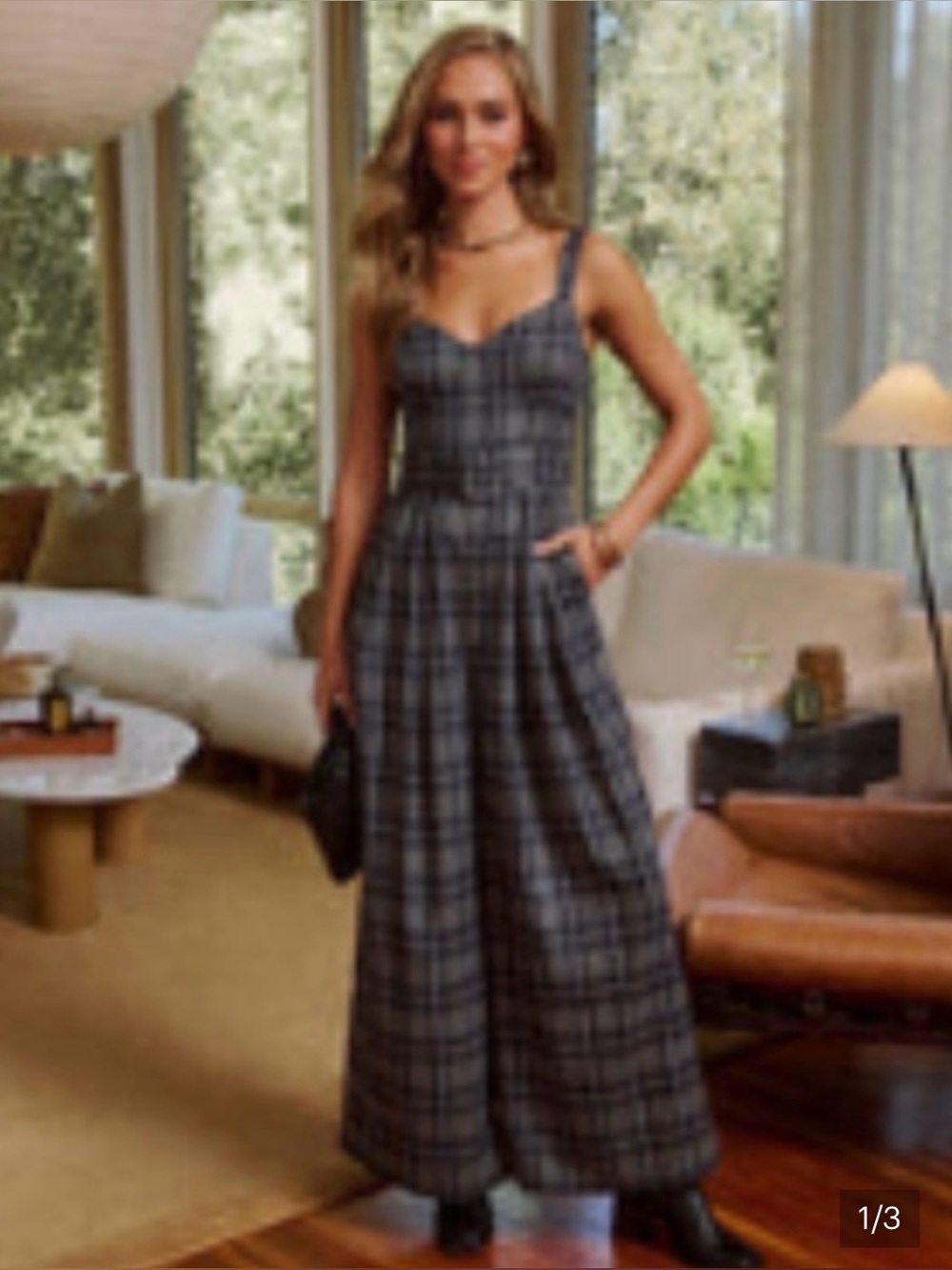 VICI Gray & Navy Blue Plaid Wide Leg Catsuit Jumpsuit Large